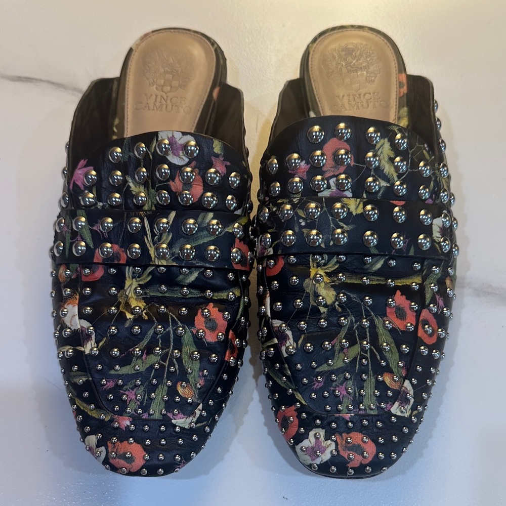 Vince Camuto Black Floral Studded Mules
